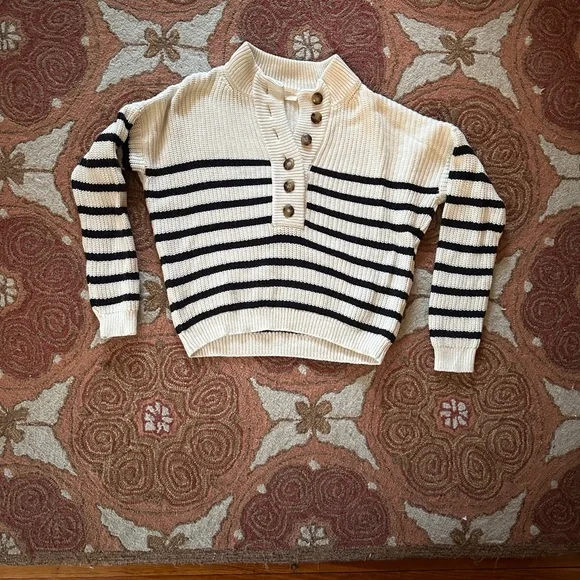 Striped Cream and Black Button-Up Sweater - Picture 4 of 5